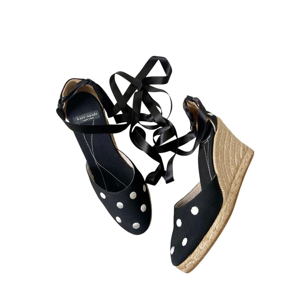 Kate Spade Isabella Polka Dot Wedge Espadrilles Black Canvas 8B